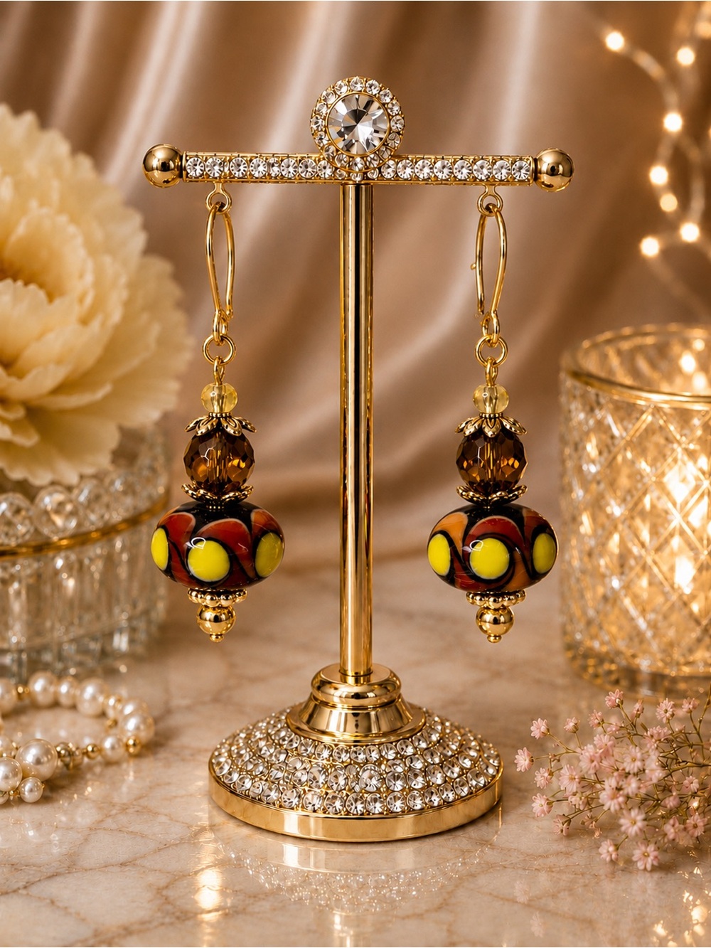 Art Glass & Aurora Borealis Crystal Beaded Dangle Pierced Earrings